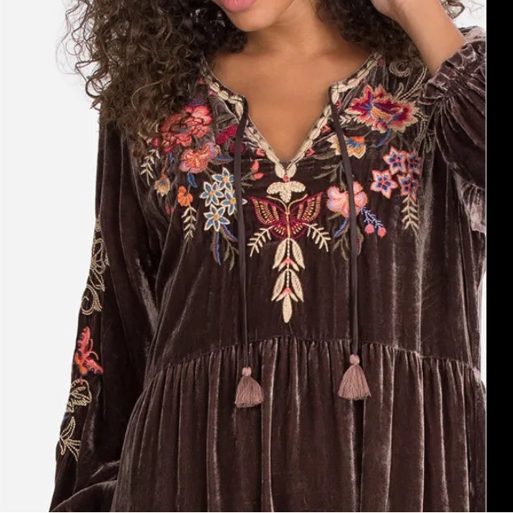 Johnny Was Brown Velvet Long Sleeve Dress with Floral Embroidery